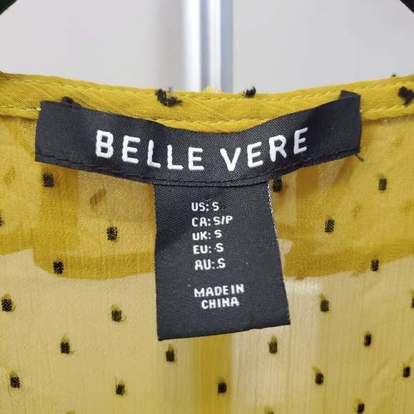 𝅺belle Vere Mustard Black Polka Dot Ruffled V-Neck Peplum Blouse Size S - Picture 2 of 6